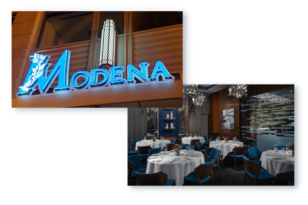 Photos of Modena restaurant, one from the outside front and other of the dining room