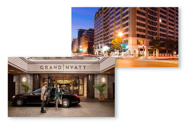 two photos of the Grand Hyatt Washington; one from the front and another from across the street